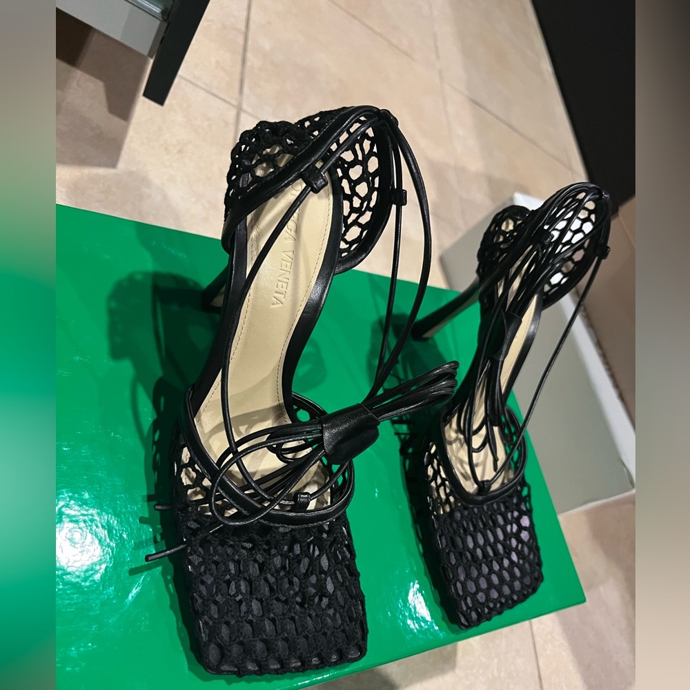 Bottega Veneta Stretch Square-Toe Ankle-Strap Mesh Pumps